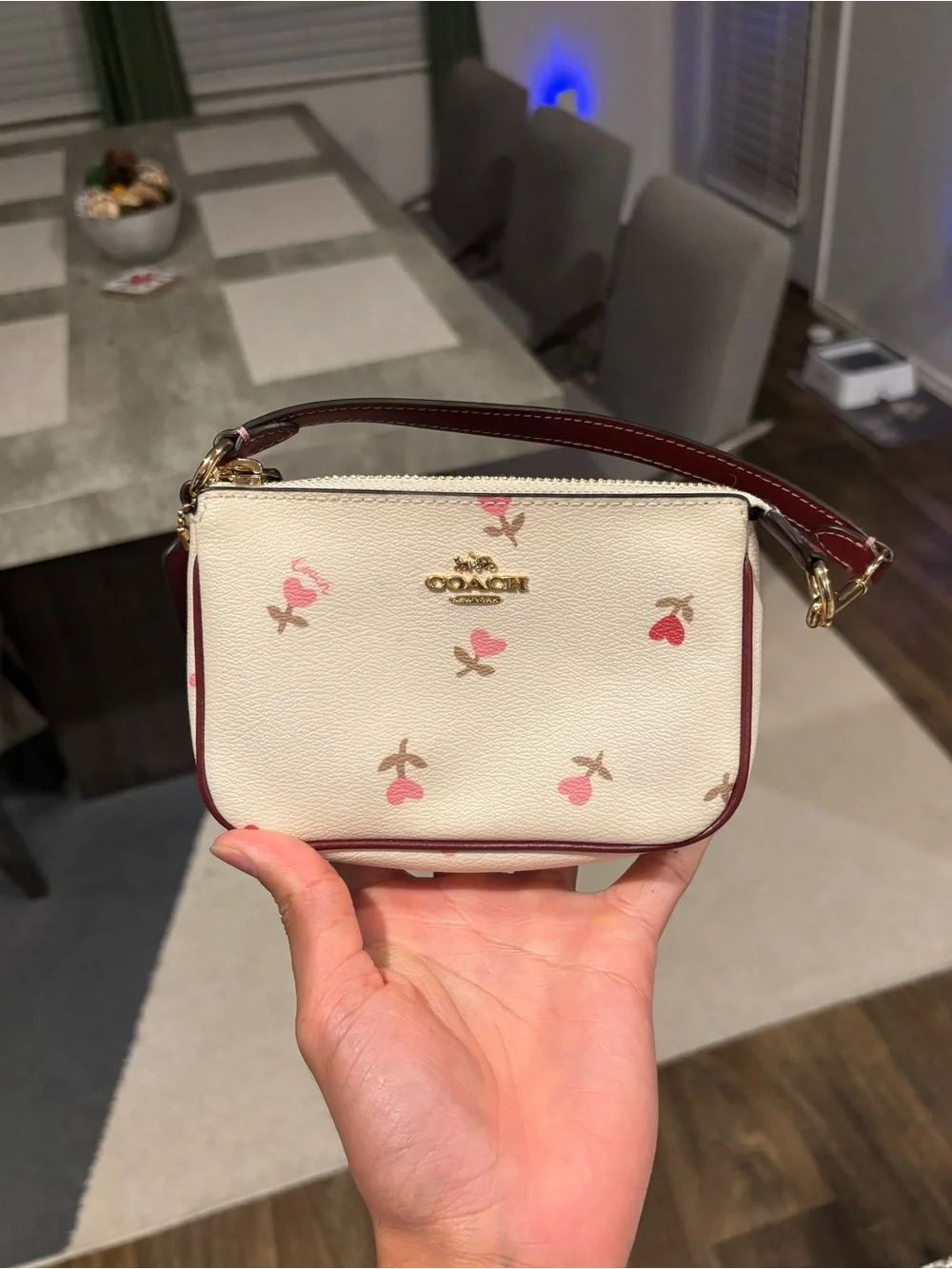 Coach Nolita 15 Cream Mini Wristlet with Pink & Red Floral Motif